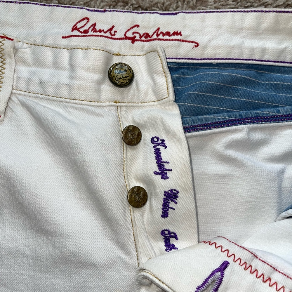 Robert Graham cream colored jeans, red and yellow stitching 38x34 $60